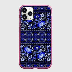 Чехол iPhone 11 Pro матовый Новогодняя гжельская роспись цветами на чёрном фон, цвет: 3D-малиновый