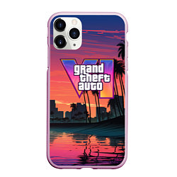 Чехол iPhone 11 Pro матовый GTA 6 лого на фоне заката, цвет: 3D-розовый
