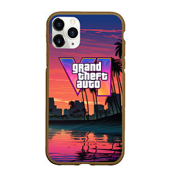 Чехол iPhone 11 Pro матовый GTA 6 лого на фоне заката, цвет: 3D-коричневый