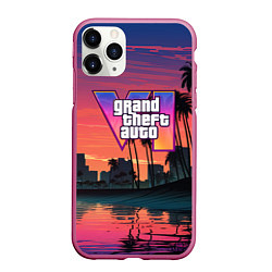 Чехол iPhone 11 Pro матовый GTA 6 лого на фоне заката, цвет: 3D-малиновый