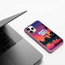 Чехол iPhone 11 Pro матовый GTA 6 лого на фоне заката, цвет: 3D-малиновый — фото 2