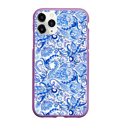 Чехол iPhone 11 Pro матовый Гжельская роспись на белом фоне, цвет: 3D-фиолетовый