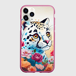 Чехол iPhone 11 Pro матовый Мультяшный леопард в цветах, цвет: 3D-малиновый