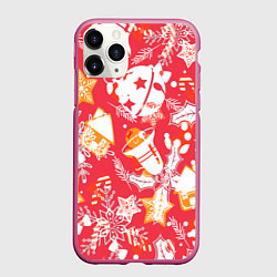 Чехол iPhone 11 Pro матовый Рождественские узоры колокольчики, цвет: 3D-малиновый