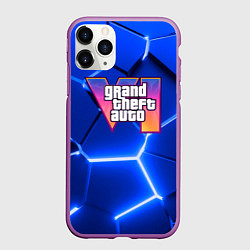 Чехол iPhone 11 Pro матовый GTA 6 лого на фоне разлома синих плит, цвет: 3D-фиолетовый