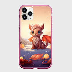Чехол iPhone 11 Pro матовый Дракон у новогодних елочек, цвет: 3D-малиновый