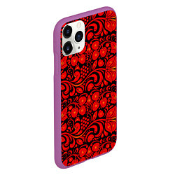 Чехол iPhone 11 Pro матовый Хохломская роспись красные цветы и ягоды на чёрном, цвет: 3D-фиолетовый — фото 2