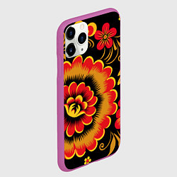 Чехол iPhone 11 Pro матовый Хохломская роспись красно-жёлтые цветы на чёрном ф, цвет: 3D-фиолетовый — фото 2