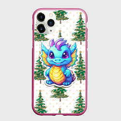Чехол iPhone 11 Pro матовый Маленький синий дракон на фоне елочек, цвет: 3D-малиновый