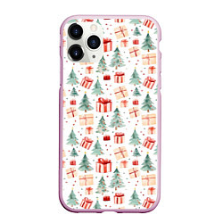 Чехол iPhone 11 Pro матовый Акварельные елочки и подарки, цвет: 3D-розовый