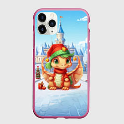 Чехол iPhone 11 Pro матовый Дракон новогодний городок, цвет: 3D-малиновый