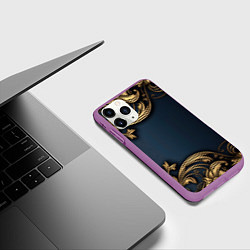 Чехол iPhone 11 Pro матовый Лепнина объемные золотые узоры на ткани, цвет: 3D-фиолетовый — фото 2