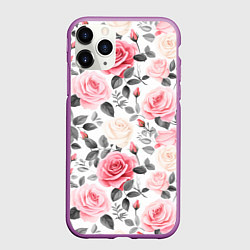 Чехол iPhone 11 Pro матовый Розовые розы и серые листочки - паттерн, цвет: 3D-фиолетовый