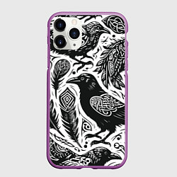 Чехол iPhone 11 Pro матовый Черные вороны руны паттерн, цвет: 3D-фиолетовый