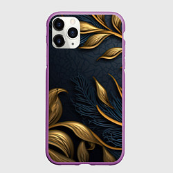 Чехол iPhone 11 Pro матовый Лепнина объемные золотые узоры на темном синем фон, цвет: 3D-фиолетовый
