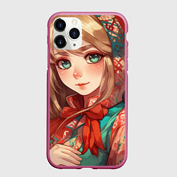 Чехол iPhone 11 Pro матовый Русская девушка в аниме стиле в платке и с плюшево, цвет: 3D-малиновый