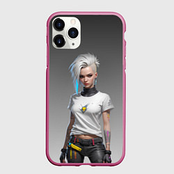 Чехол iPhone 11 Pro матовый Блондинка в белой футболке Cyberpunk 2077, цвет: 3D-малиновый