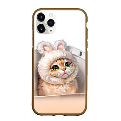 Чехол iPhone 11 Pro матовый Милый кот-мем в шапке с ушками - бежевый градиент, цвет: 3D-коричневый