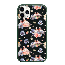 Чехол iPhone 11 Pro матовый Голуби с розами и ирисами black, цвет: 3D-темно-зеленый