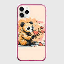 Чехол iPhone 11 Pro матовый Милая панда с сердечком и цветами, цвет: 3D-малиновый