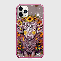 Чехол iPhone 11 Pro матовый Лохматая корова с венком цветов трав, цвет: 3D-малиновый