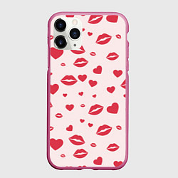 Чехол iPhone 11 Pro матовый Поцелуйчики паттерн, цвет: 3D-малиновый