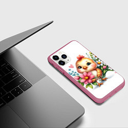 Чехол iPhone 11 Pro матовый Мультяшный цыпленок с цветами, цвет: 3D-малиновый — фото 2