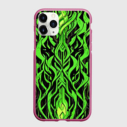 Чехол iPhone 11 Pro матовый Зелёный узор на чёрном фоне, цвет: 3D-малиновый