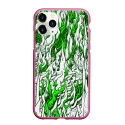Чехол iPhone 11 Pro матовый Белый и зелёный узор, цвет: 3D-малиновый