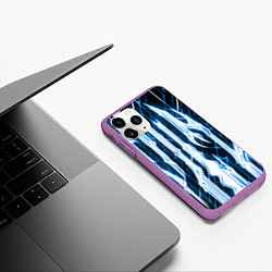 Чехол iPhone 11 Pro матовый Синие неоновые полосы на чёрном фоне, цвет: 3D-фиолетовый — фото 2