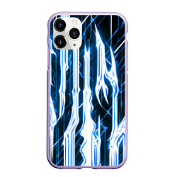 Чехол iPhone 11 Pro матовый Синие неоновые полосы на чёрном фоне, цвет: 3D-светло-сиреневый