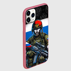 Чехол iPhone 11 Pro матовый Русский солдат на фоне флага, цвет: 3D-малиновый — фото 2
