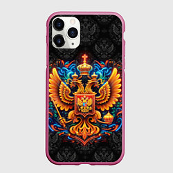Чехол iPhone 11 Pro матовый Золотой яркий герб России, цвет: 3D-малиновый