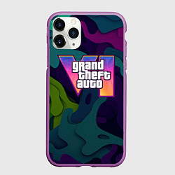 Чехол iPhone 11 Pro матовый GTA 6 logo яркий неоновый камуфляжный стиль, цвет: 3D-фиолетовый