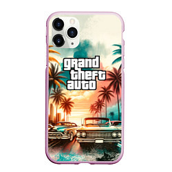 Чехол iPhone 11 Pro матовый ГТА - пальмы и машины, цвет: 3D-розовый