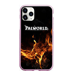 Чехол iPhone 11 Pro матовый Palworld логотип на черном фоне с огнем, цвет: 3D-розовый