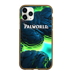 Чехол iPhone 11 Pro матовый Palworld логотип на ярких синих и зеленых неоновых, цвет: 3D-коричневый