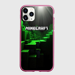 Чехол iPhone 11 Pro матовый Minecraft logo зеленые яркие плитки, цвет: 3D-малиновый