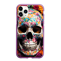 Чехол iPhone 11 Pro матовый Яркие цветы и череп, цвет: 3D-фиолетовый