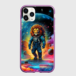 Чехол iPhone 11 Pro матовый Лев космонавт в неоновом космическом пространстве, цвет: 3D-фиолетовый