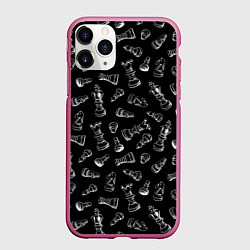 Чехол iPhone 11 Pro матовый Много шахматных фигур на черном паттерне, цвет: 3D-малиновый
