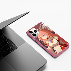 Чехол iPhone 11 Pro матовый Genshin Impact Яэ Miko smile kitsune, цвет: 3D-малиновый — фото 2