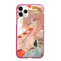 Чехол iPhone 11 Pro матовый Genshin Impact Яэ Miko smile kitsune, цвет: 3D-малиновый