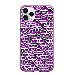 Чехол iPhone 11 Pro матовый Фиолетово-белый узор на чёрном фоне, цвет: 3D-фиолетовый