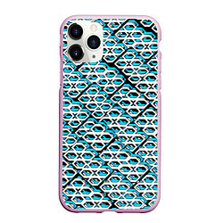 Чехол iPhone 11 Pro матовый Сине-белый узор на чёрном фоне, цвет: 3D-розовый