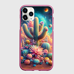 Чехол iPhone 11 Pro матовый Кактусы цветущие под космическим небом, цвет: 3D-малиновый