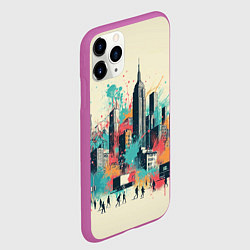 Чехол iPhone 11 Pro матовый Силуэты людей и небоскребов в брызгах краски, цвет: 3D-фиолетовый — фото 2