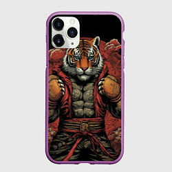 Чехол iPhone 11 Pro матовый Тигр в стойке тайский бокс, цвет: 3D-фиолетовый