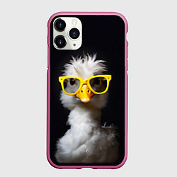 Чехол iPhone 11 Pro матовый Белый гусь в желтых очках на черном фоне, цвет: 3D-малиновый
