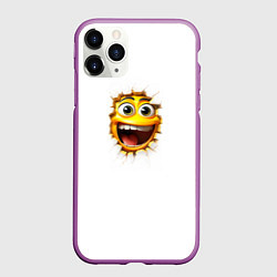 Чехол iPhone 11 Pro матовый Желтый смайлик в разбитой стене из дырки, цвет: 3D-фиолетовый